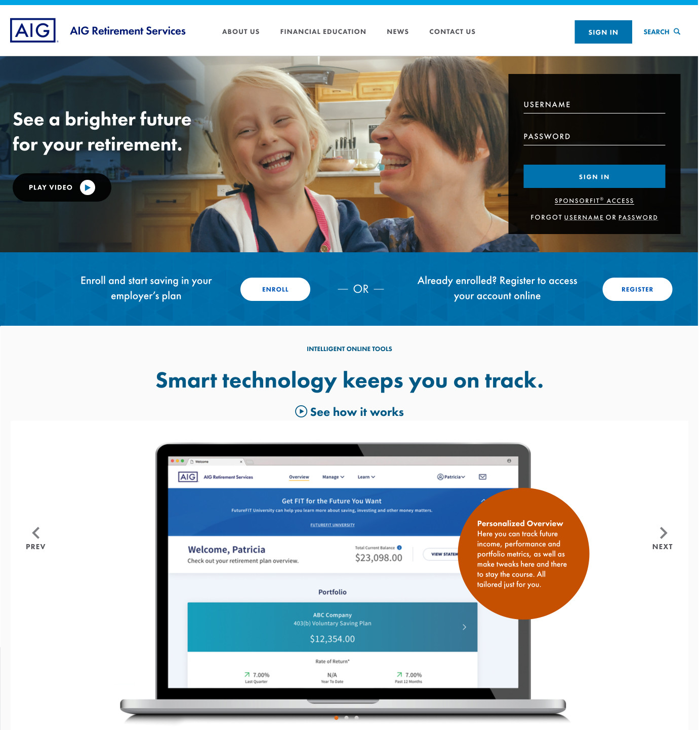 AIG Retirement Services homepage: a smiling mother and daughter beside the headline See a brighter future for your retirement, with a sign-in panel, enroll and register buttons, and a laptop preview of the personalized retirement dashboard.